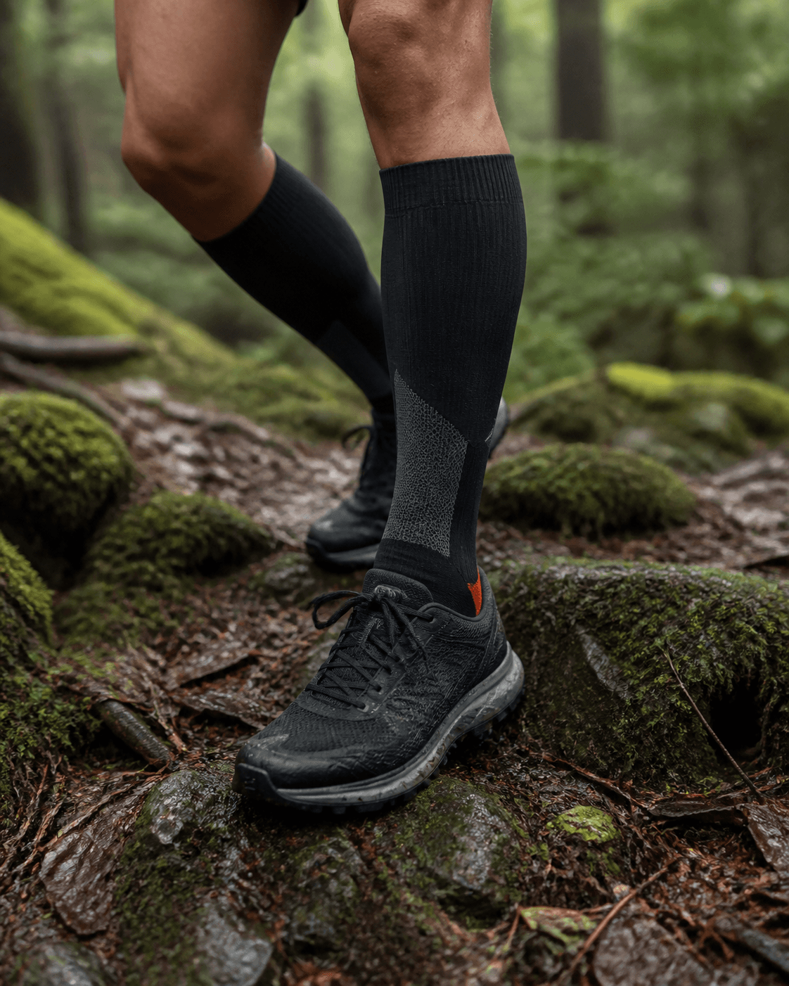 Runner wearing dark high technical socks on a forest trail