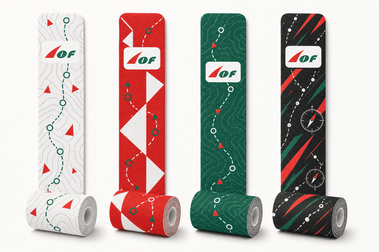 Four rolls of IOF-branded kinesiology tape with orienteering map and compass graphics